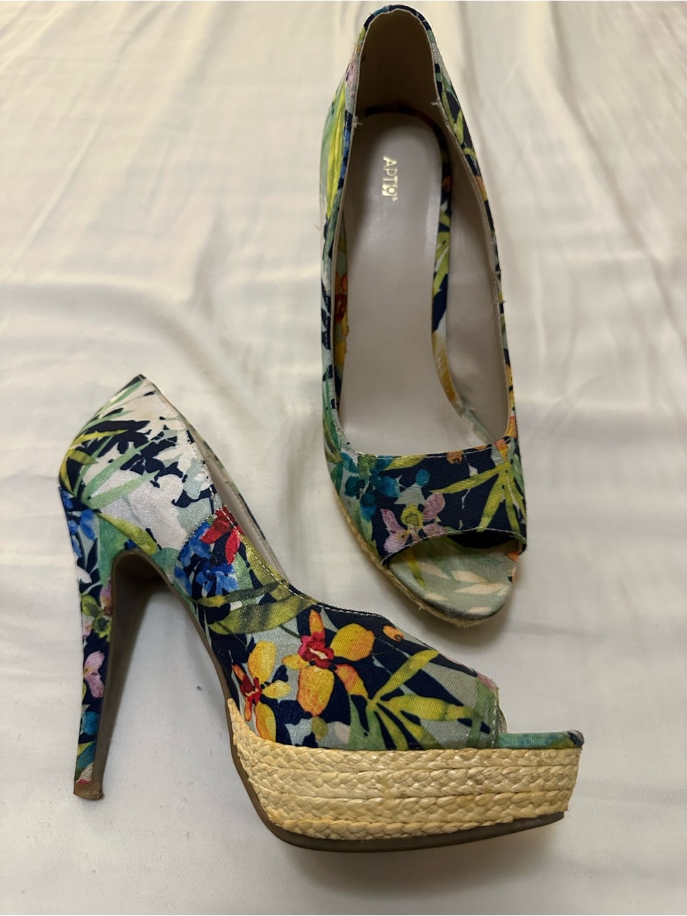 Navy Floral Peep-Toe Platform Heels